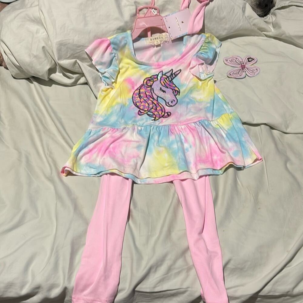 Btween 6x tye dye unicorn ruffled hemline top w/pink legging scrunchie nwt